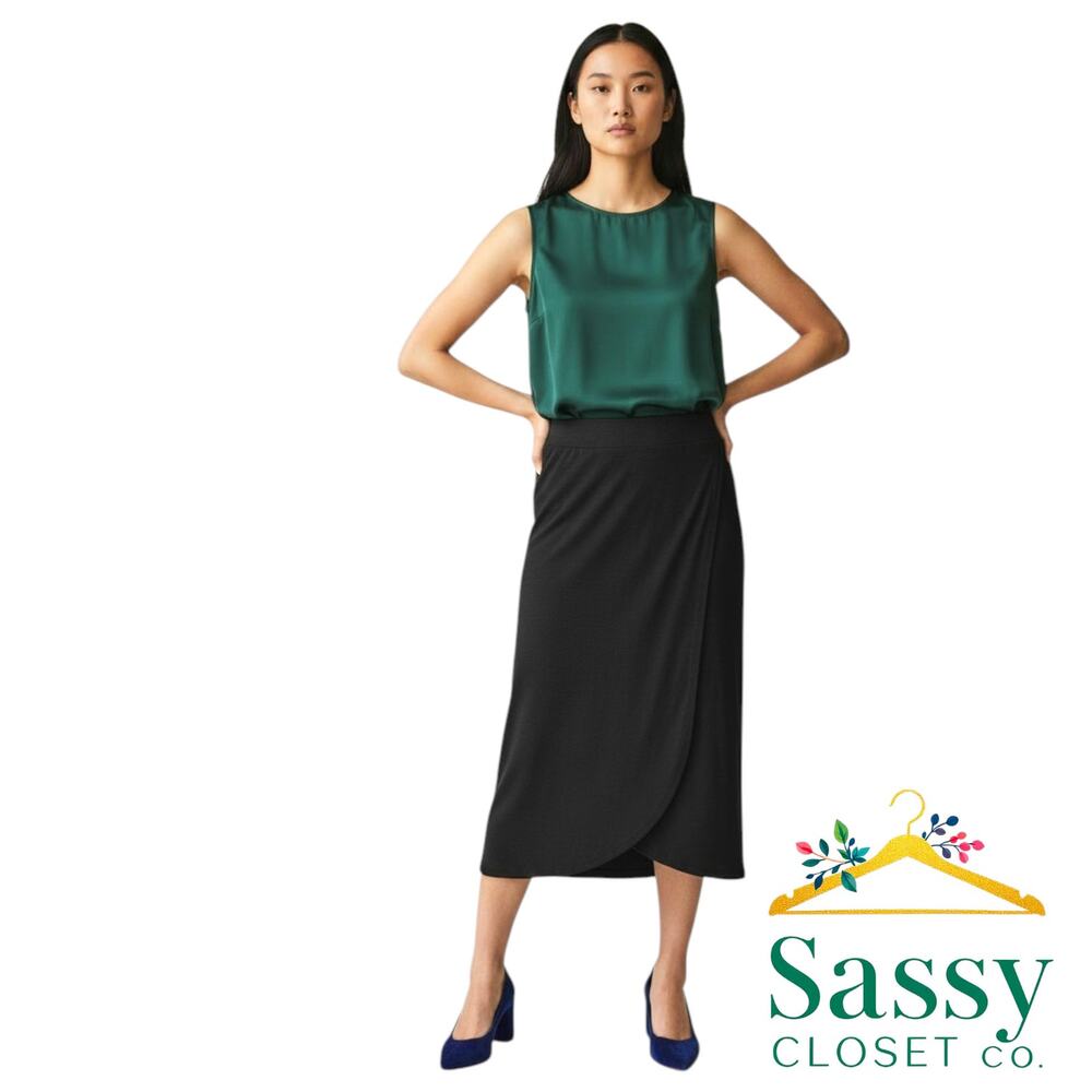 CHICO'S Travelers Black Tulip Hem Midi Skirt 1 US 8 M Slinky Knit Pull On EUC